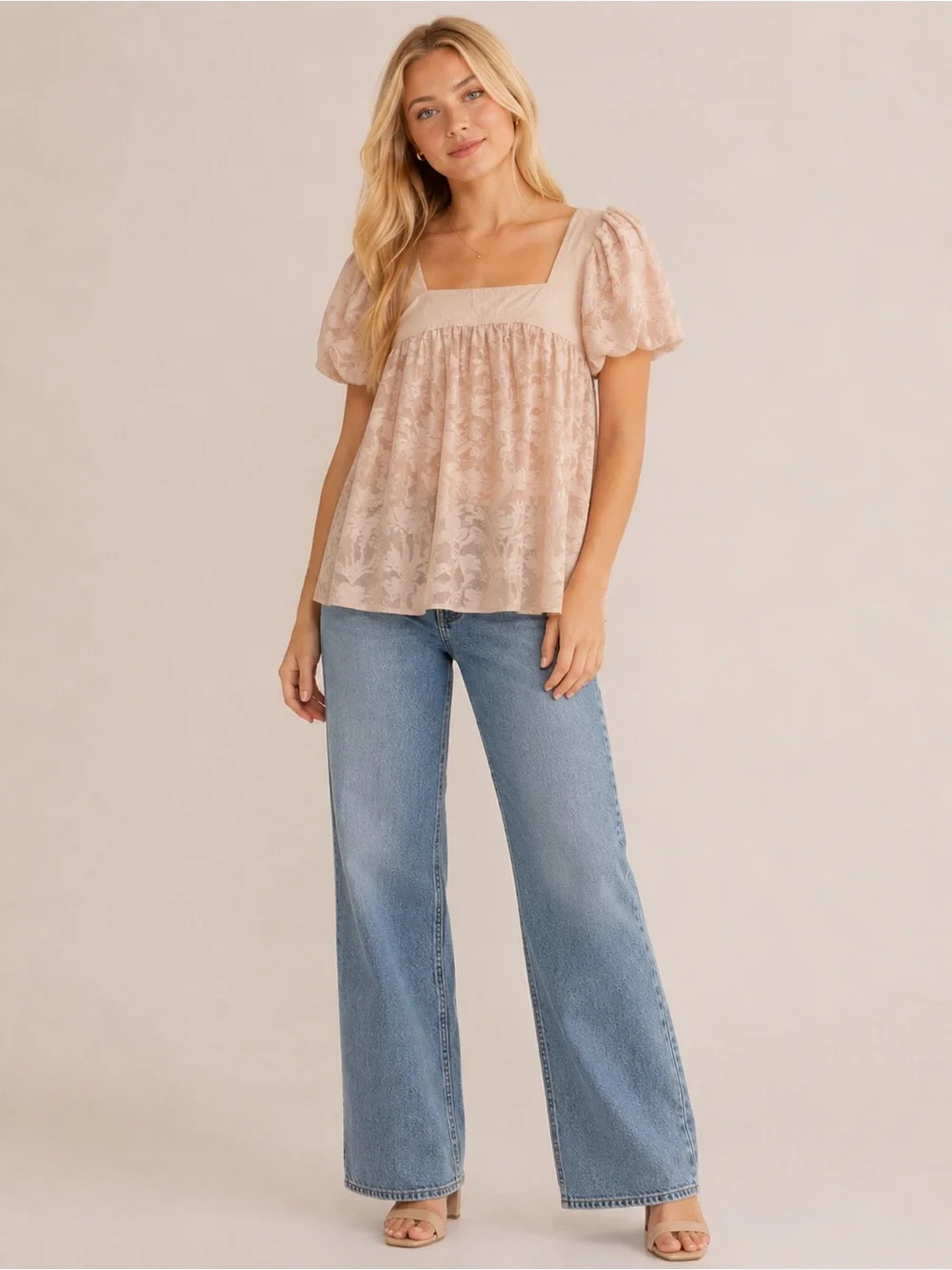 Free People Blush Floral Textured Babydoll Top Puff Sleeve Boho Romantic M 25605